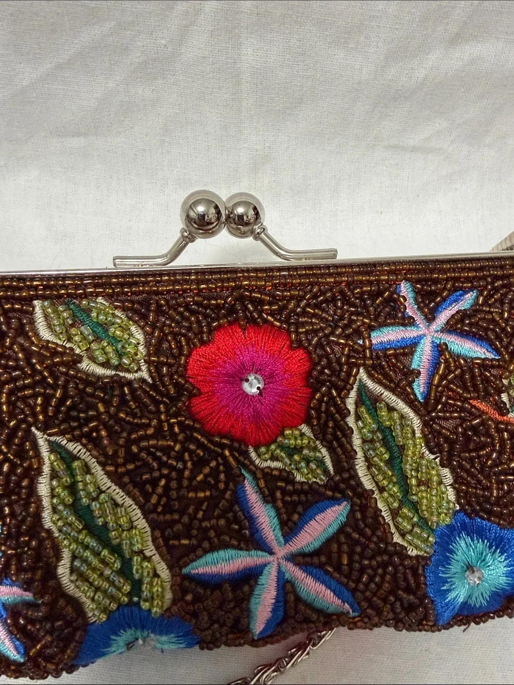 Beaded Floral Embroidered Evening Clutch - Brown with Red & Blue Flowers